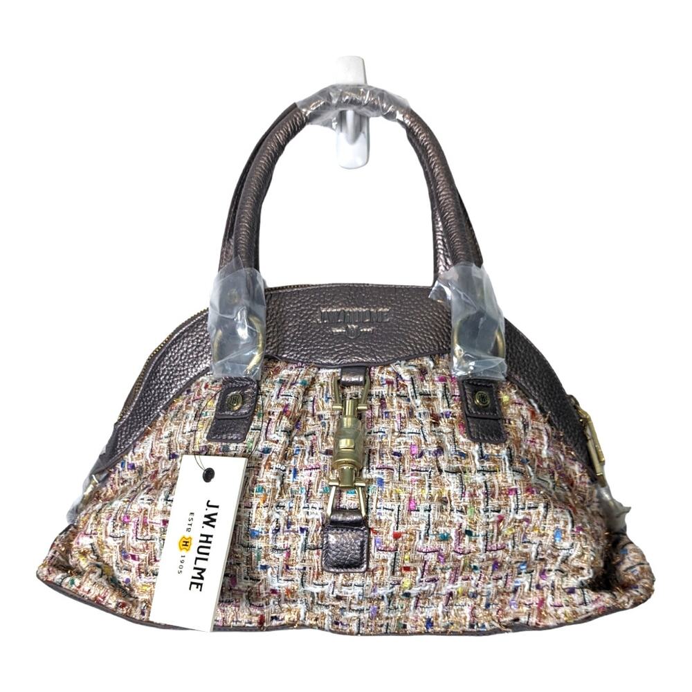 JW Hulme Maureen Satchel Bag Tweed & Leather Dome Top Handle Pewter Accents NWT
